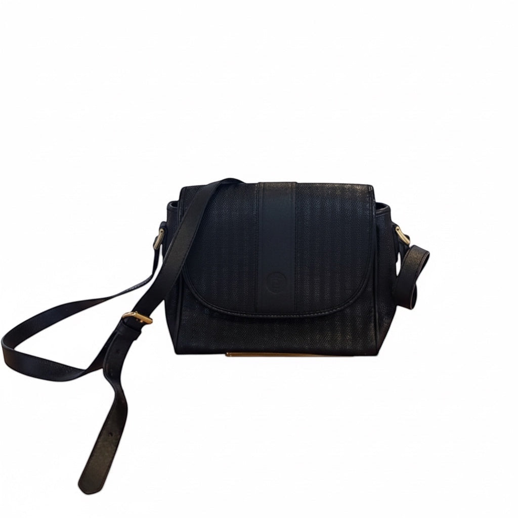 Posh Purse Co. vintage black Fendi crossbody bag with adjustable strap and embossed logo.