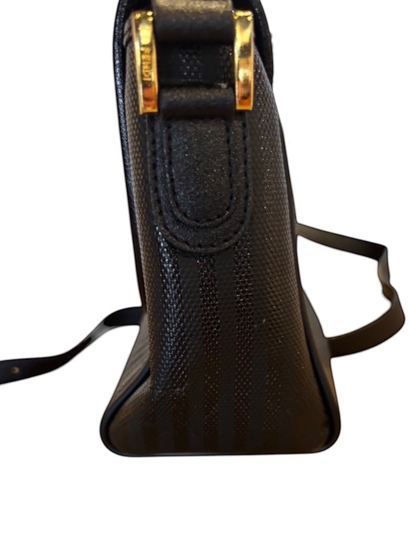 Posh Purse Co. vintage black Fendi crossbody bag with gold hardware and adjustable strap.