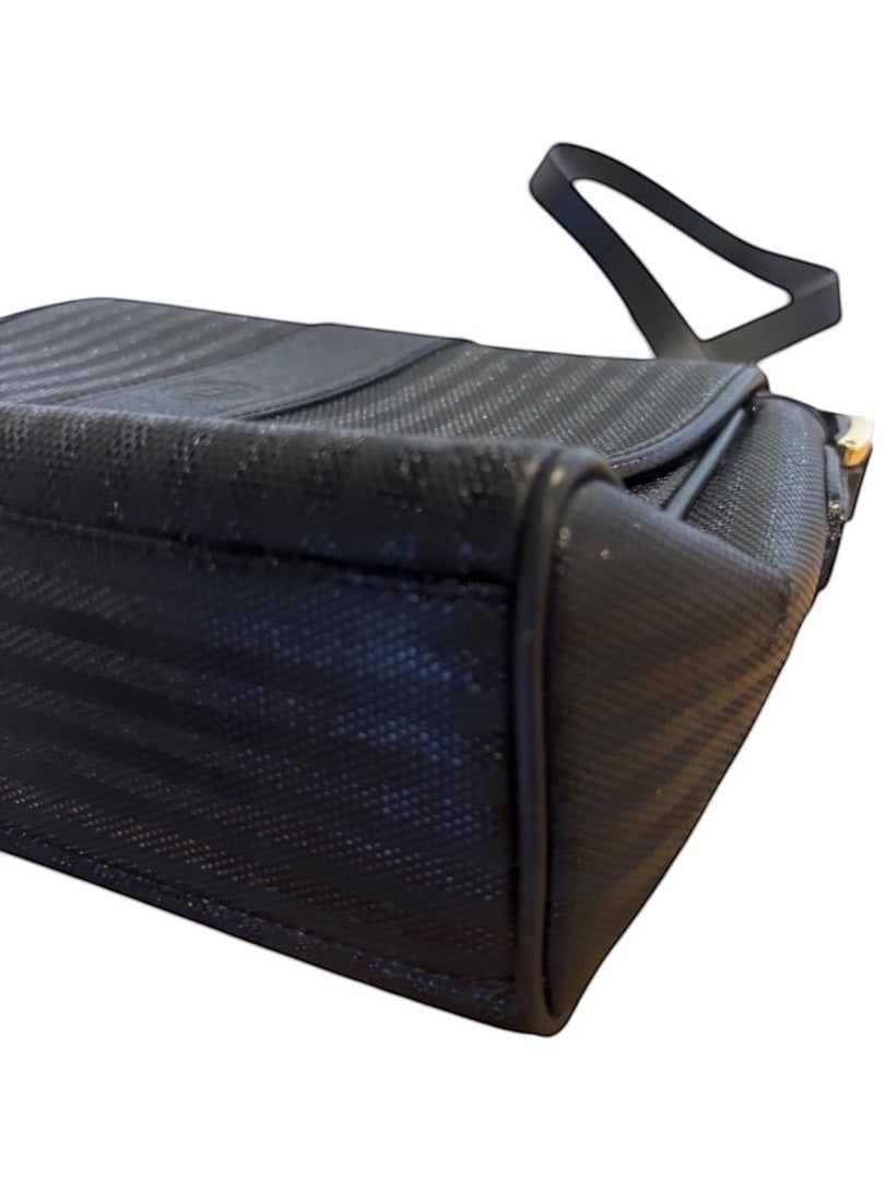 Posh Purse Co. vintage black Fendi crossbody bag with striped texture and adjustable strap.