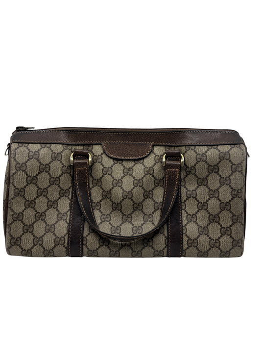 Posh Purse Co vintage Gucci Boston bag featuring the iconic brown monogram canvas and leather trim top handles.