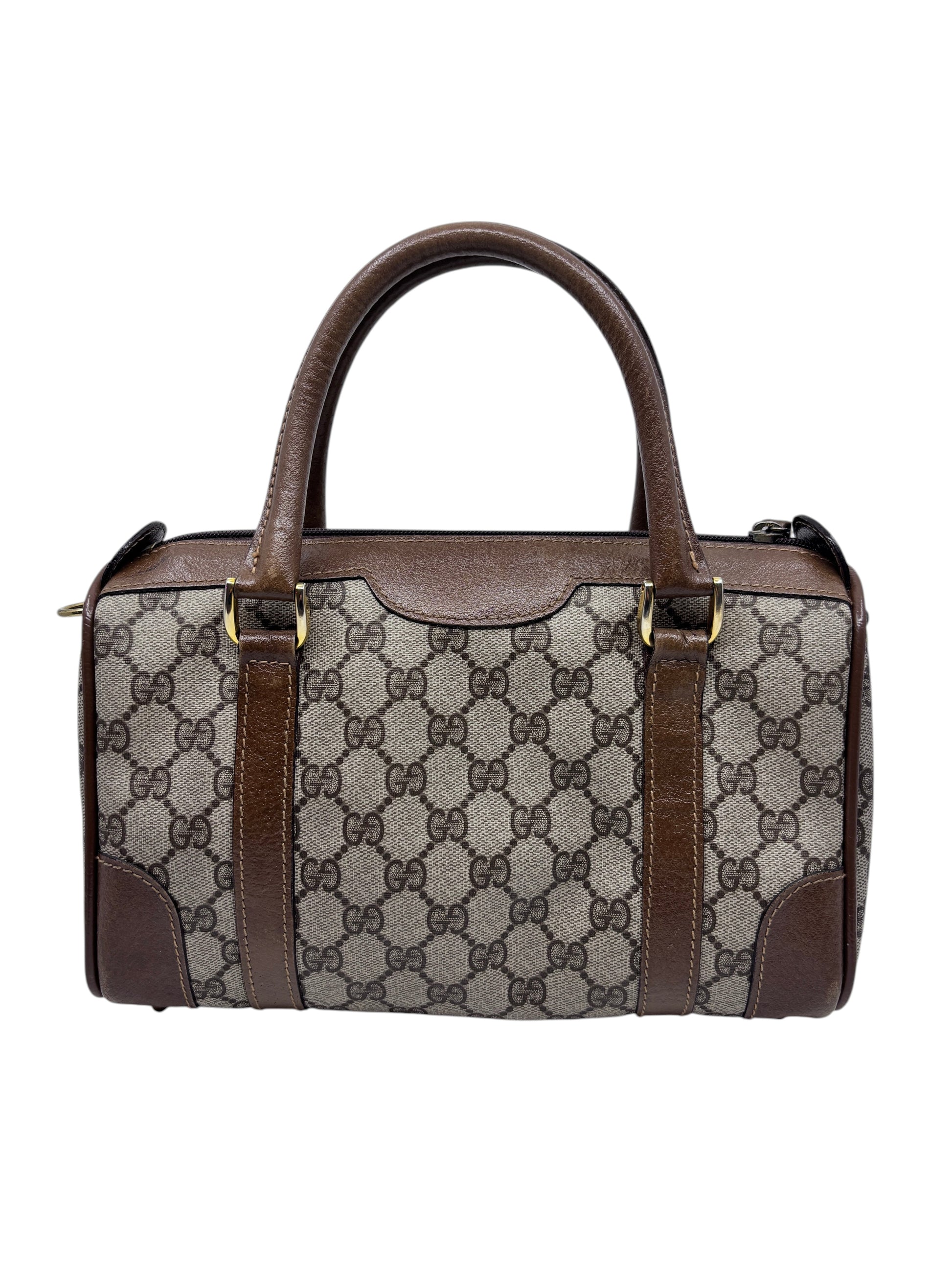 Posh Purse Co vintage Gucci Boston bag featuring the iconic brown monogram canvas with leather trim and top handles.