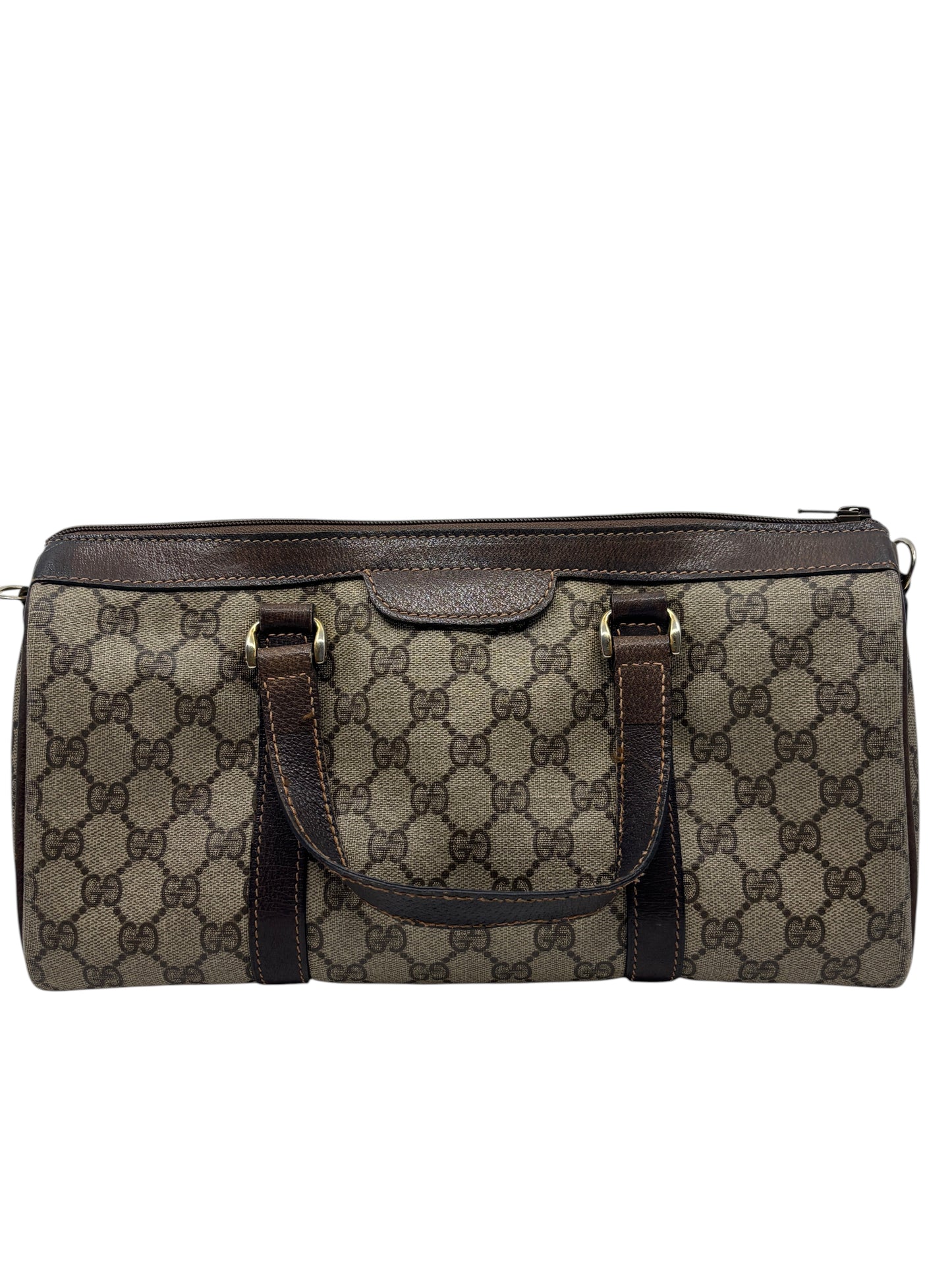 Posh Purse Co vintage Gucci Boston bag in brown monogram canvas with leather trim and top handles