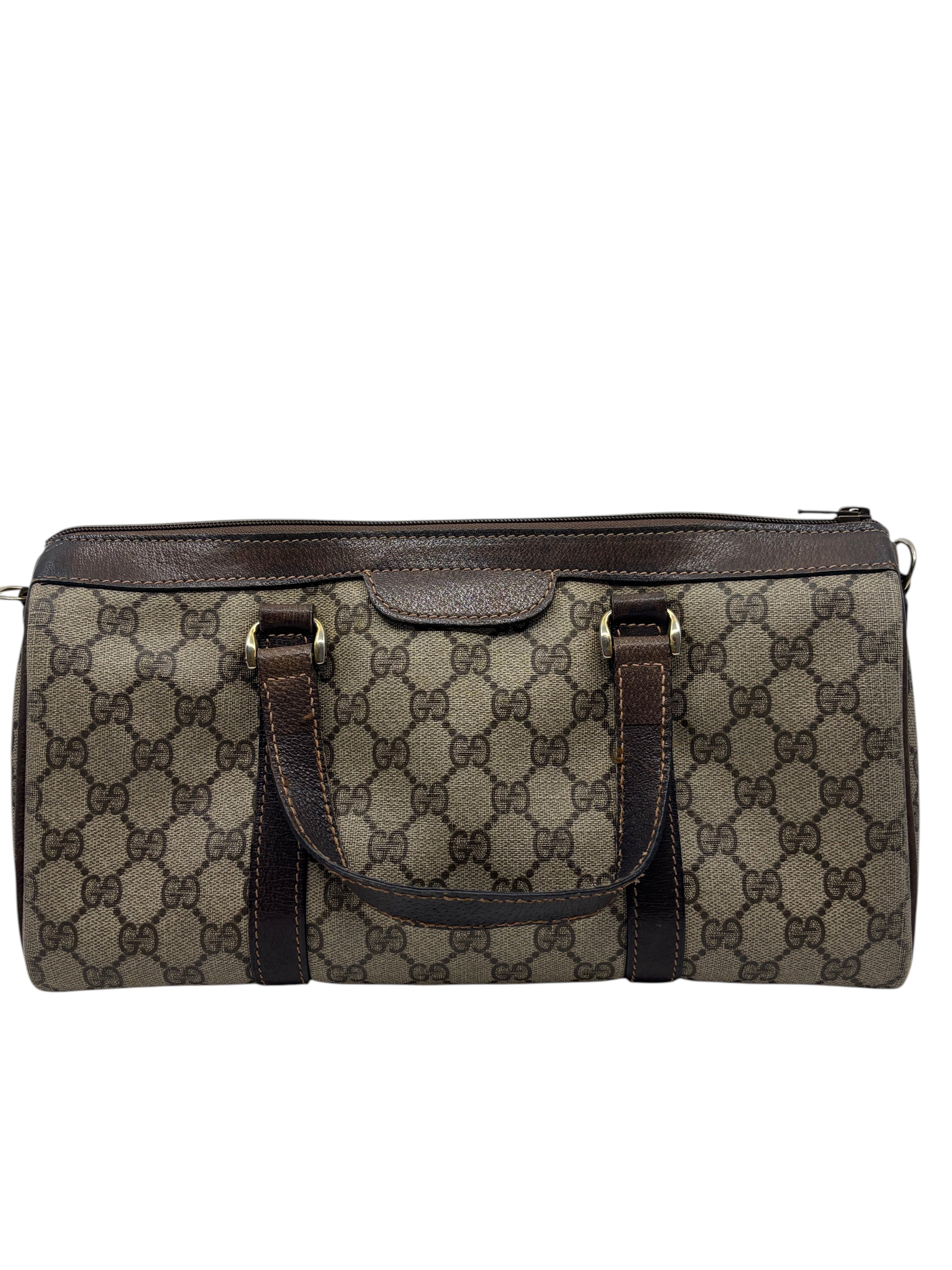 Posh Purse Co vintage Gucci Boston bag in brown monogram canvas with leather trim and top handles