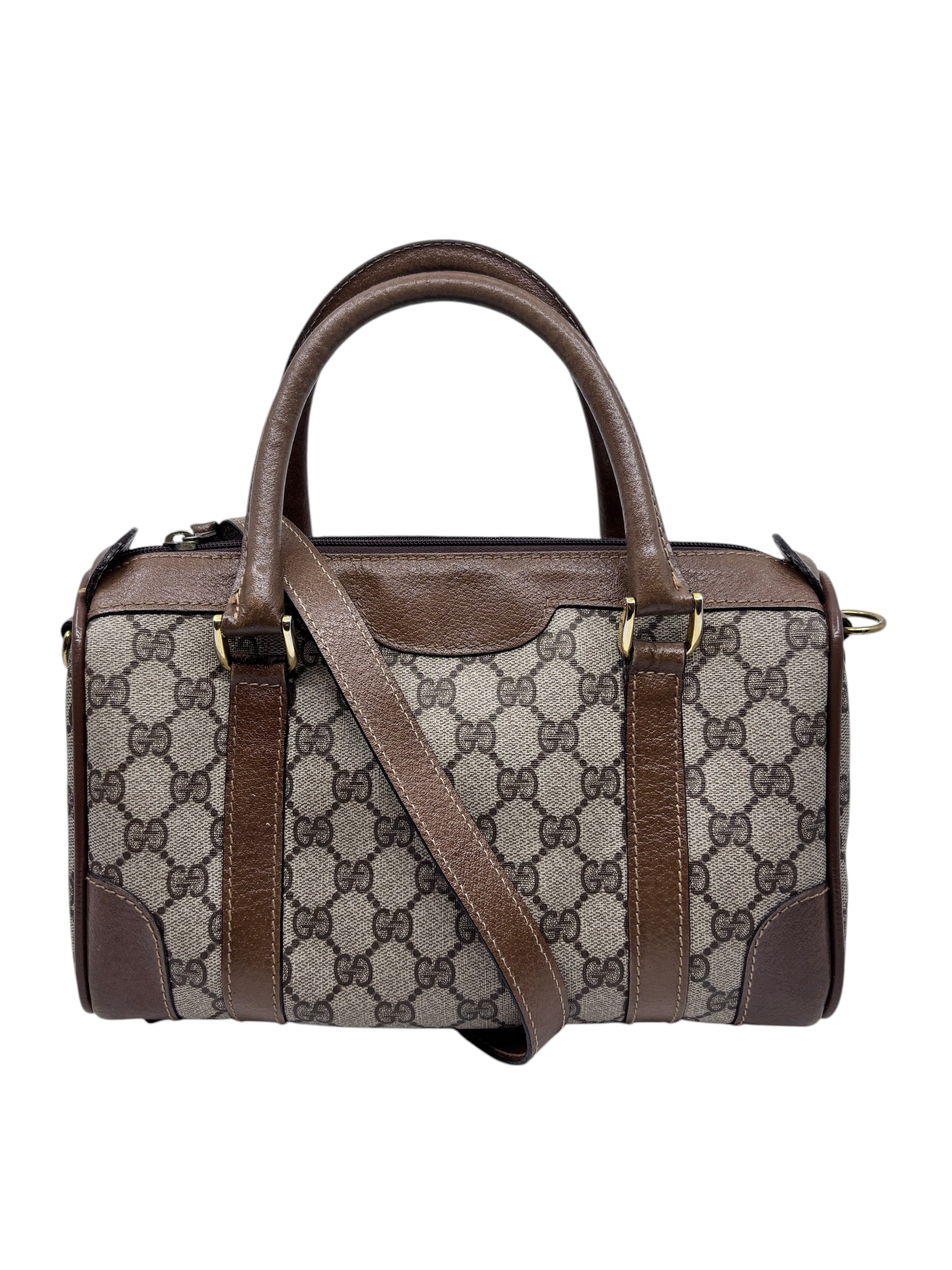 Posh Purse Co vintage Gucci Boston bag in iconic monogram canvas with brown leather trim and top handles
