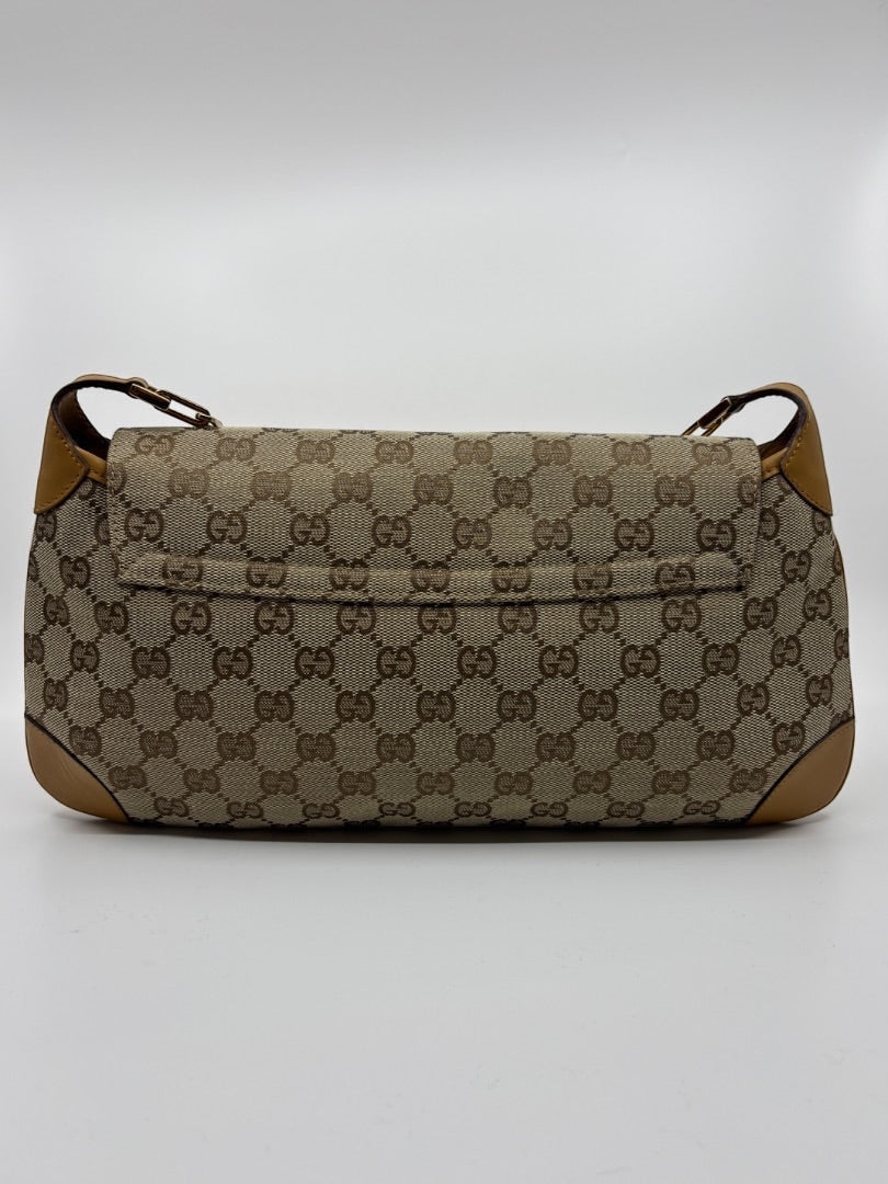 Posh Purse Co. vintage Gucci GG monogram canvas shoulder bag with tan leather trim in pristine condition.