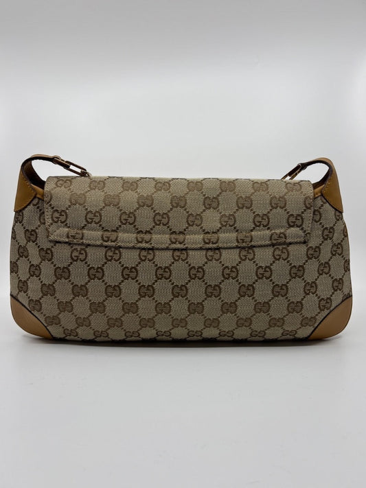 Posh Purse Co. vintage Gucci GG monogram canvas shoulder bag with tan leather trim in pristine condition.