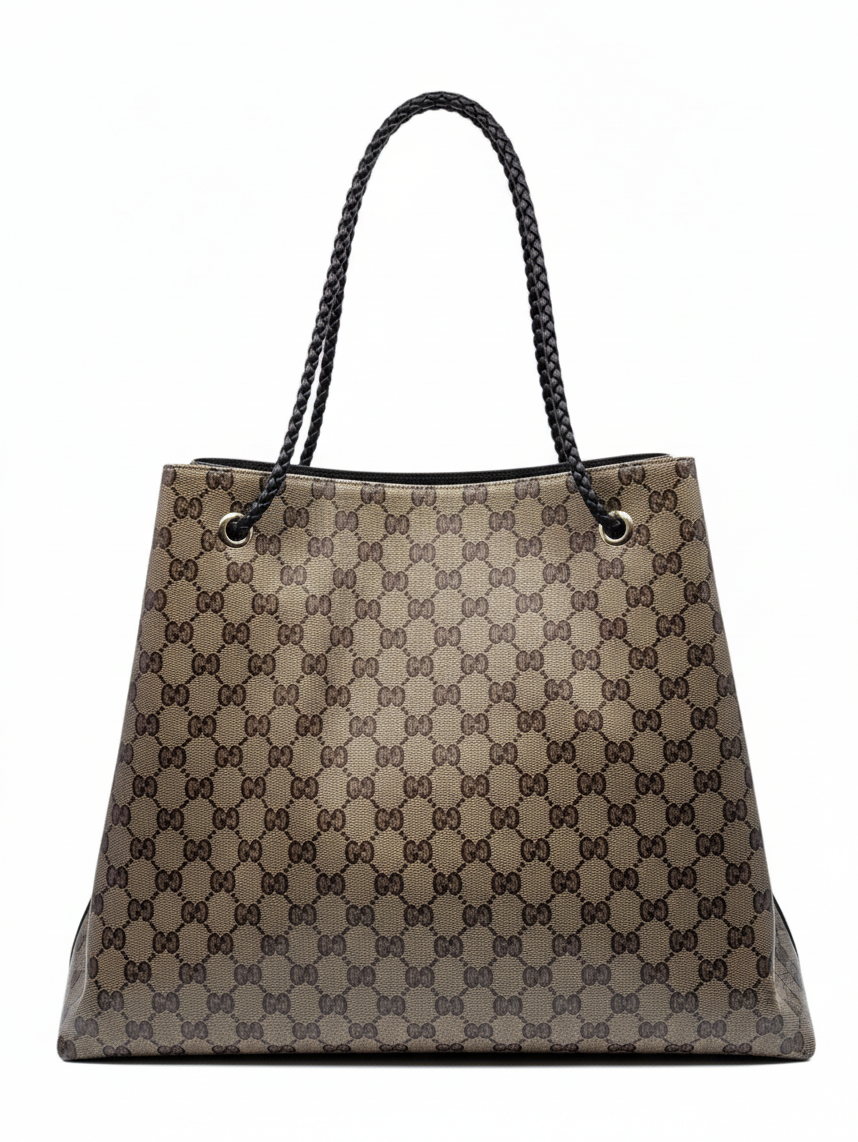 Posh Purse Co. vintage brown Gucci Gifford tote bag featuring the iconic GG monogram canvas and braided black handles.