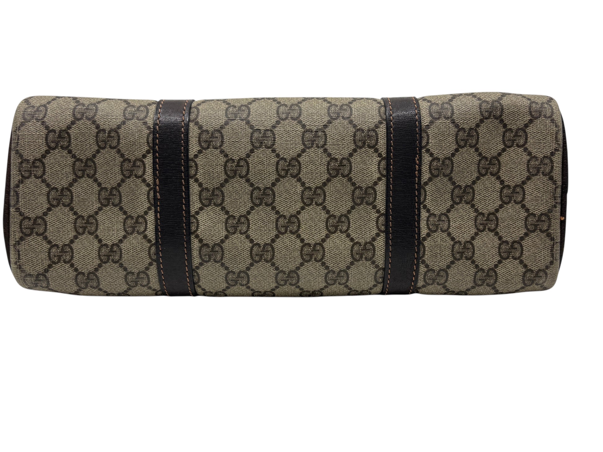 Posh Purse Co vintage Gucci Boston bag featuring the iconic brown monogram canvas pattern and dark leather trim.