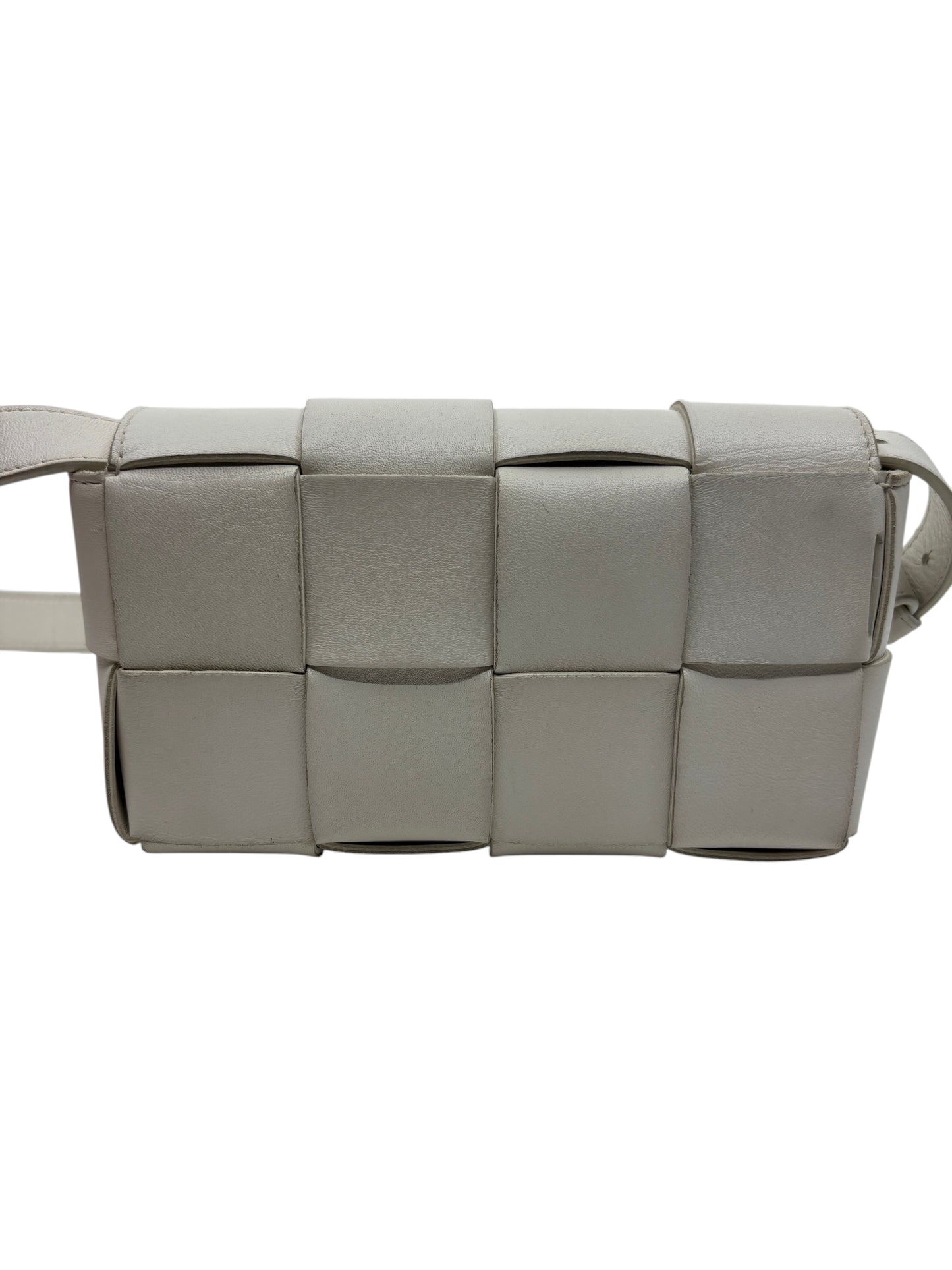 Posh Purse Co white Bottega Veneta Cassette bag featuring signature padded Intrecciato woven leather design.