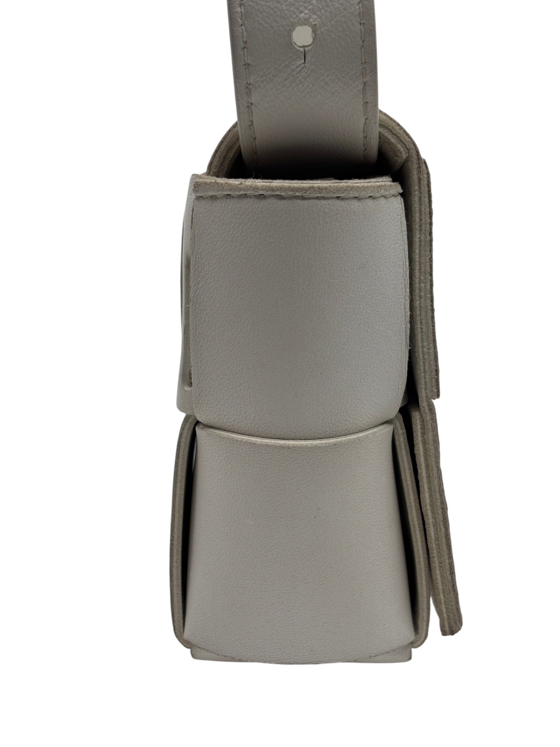 Posh Purse Co white Bottega Veneta Cassette bag side view showing signature padded woven leather construction