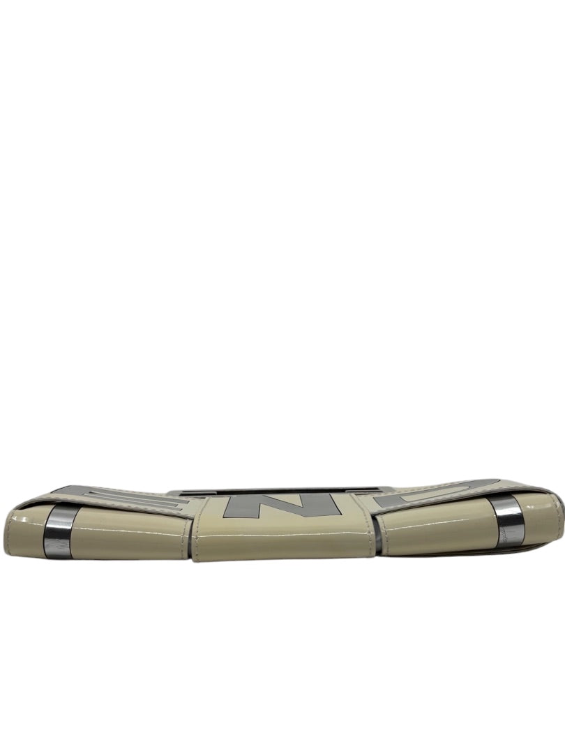 Posh Purse Co white Fendi Crossword clutch with sleek structured silhouette and metallic hardware details