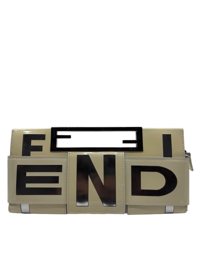 Posh Purse Co. white Fendi Crossword clutch with bold black logo lettering and structured metal hardware detail.