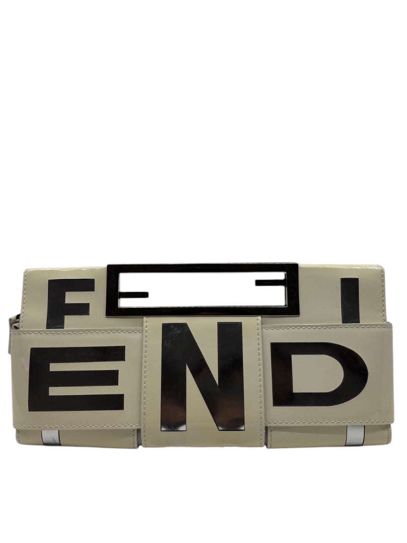 Posh Purse Co. white Fendi Crossword clutch with bold black logo lettering and structured rectangular design.