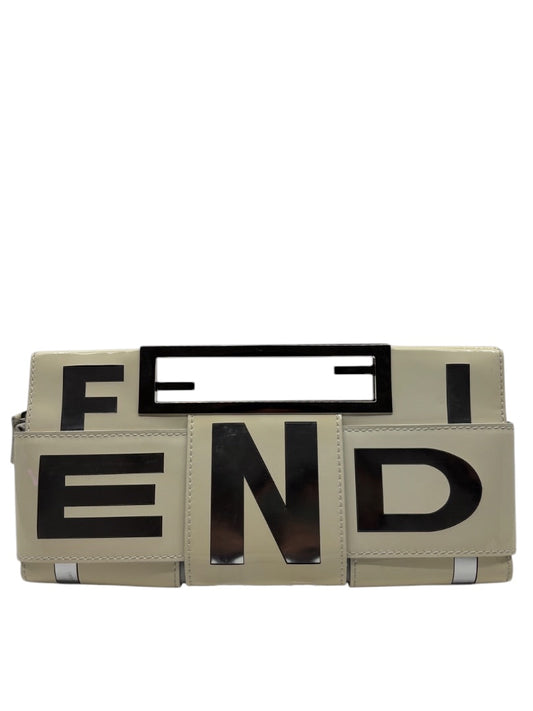 Posh Purse Co. white Fendi Crossword clutch with bold black logo lettering and structured rectangular design.