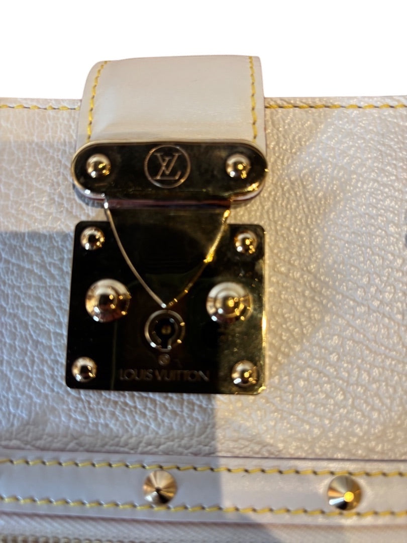 Posh Purse Co white Louis Vuitton Suhali Le Fabuleux bag detail with gold hardware and LV logo