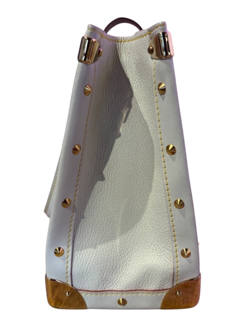 Posh Purse Co white Louis Vuitton Suhali Le Fabuleux bag made of goatskin leather with gold-tone studs and hardware.