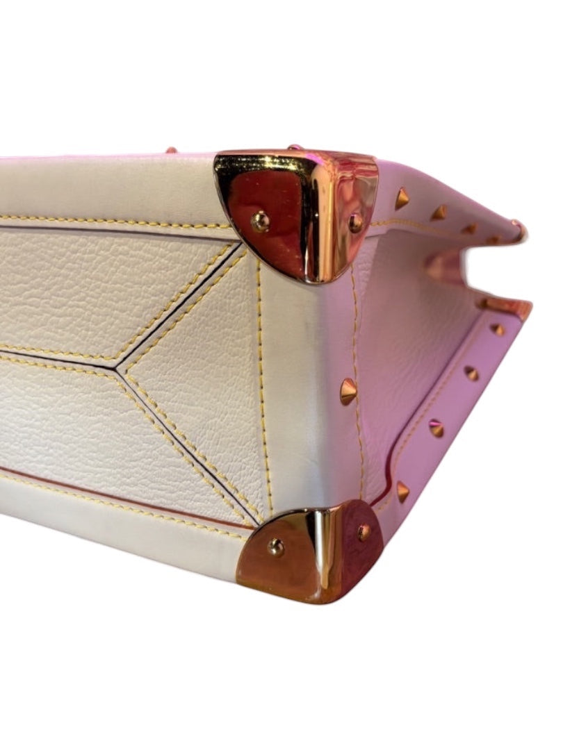 Posh Purse Co white Louis Vuitton Suhali Le Fabuleux bag made of goatskin leather with gold-tone studs and hardware.