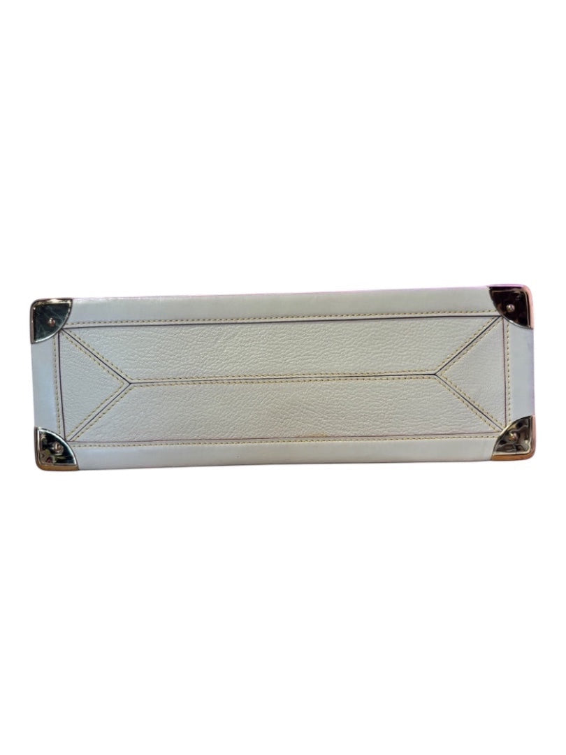 Posh Purse Co white Louis Vuitton Suhali Le Fabuleux bag crafted from goatskin leather with gold-tone hardware and protective feet.