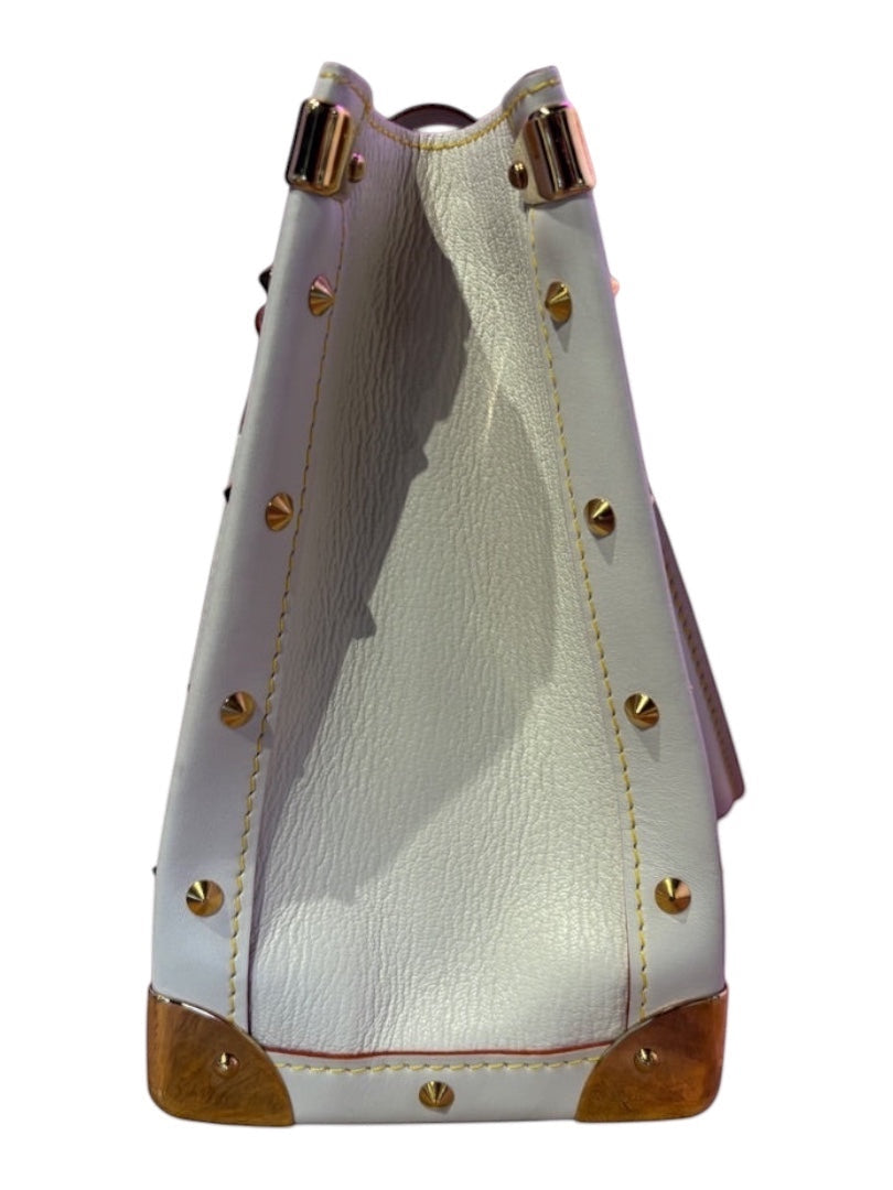 Posh Purse Co white Louis Vuitton Suhali Le Fabuleux bag made of goatskin leather with gold-tone studs and hardware.