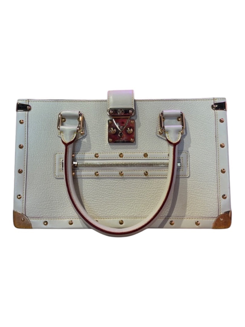 Posh Purse Co white Louis Vuitton Suhali Le Fabuleux goatskin leather handbag with gold-tone hardware and rolled handles.