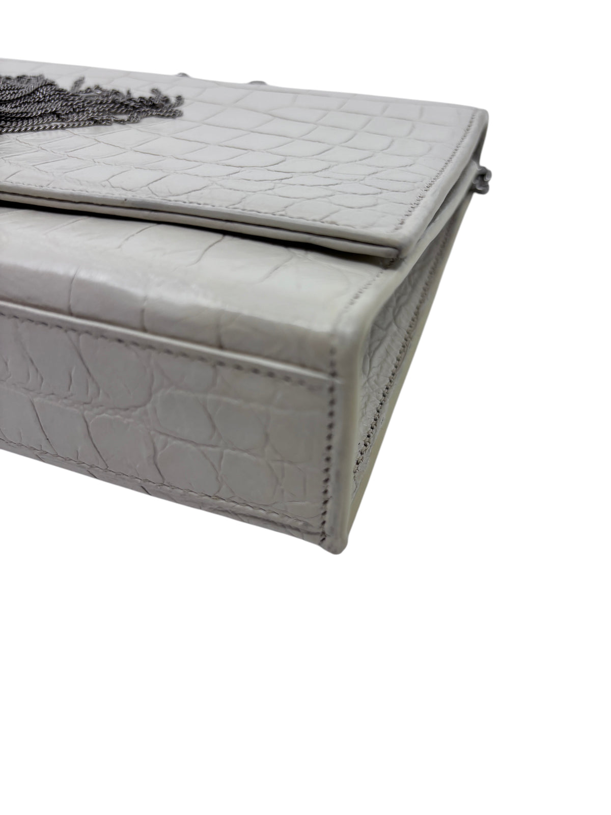 Posh Purse Co white crocodile-embossed leather YSL Kate bag with chain strap detail on a white background