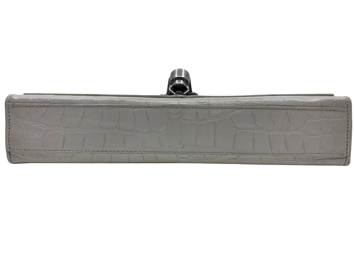 Posh Purse Co white crocodile-embossed leather YSL Kate bag base view showing structured design and stitching