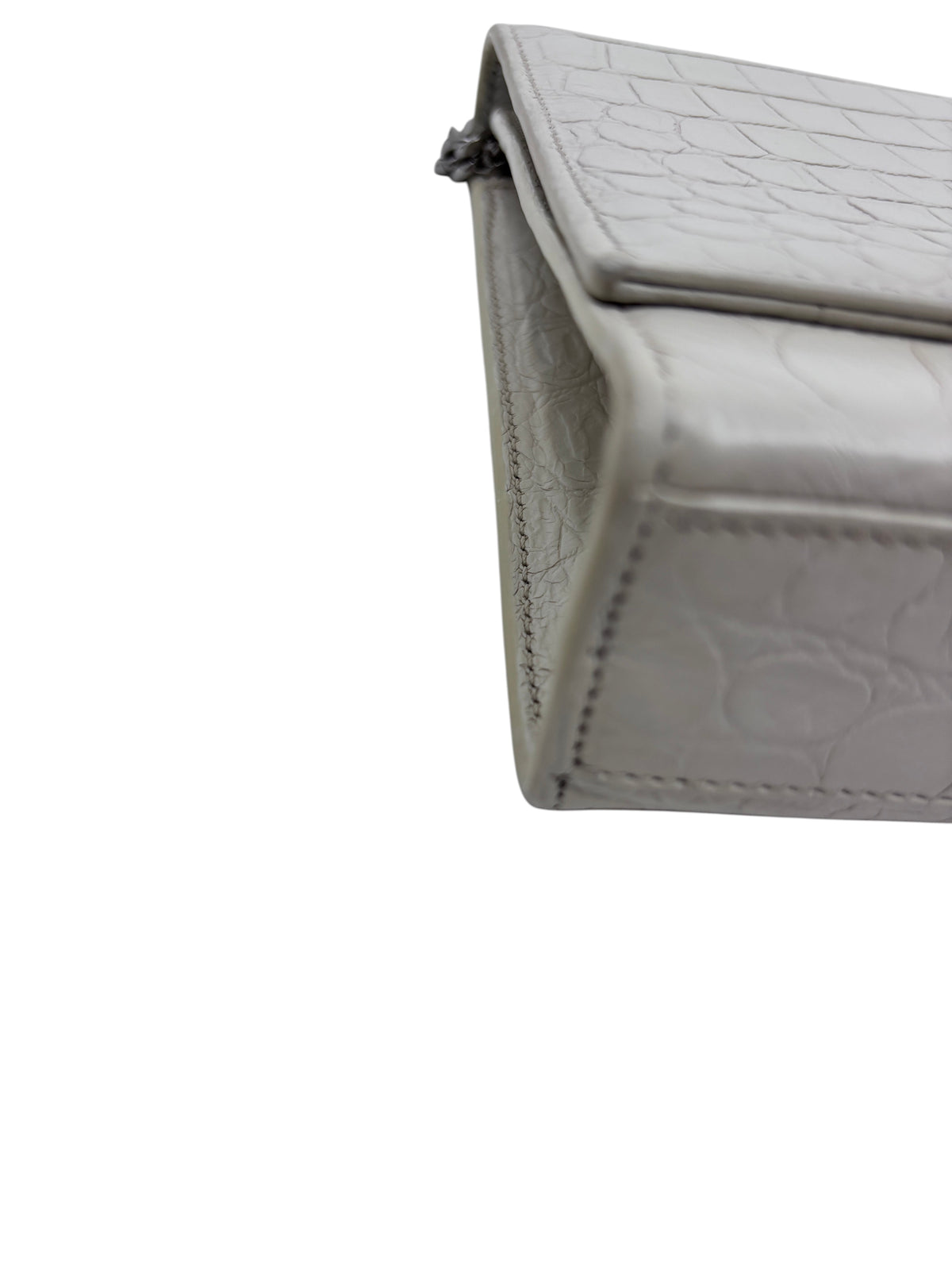 Posh Purse Co white crocodile-embossed leather YSL Kate bag side profile showing structured gusset detail