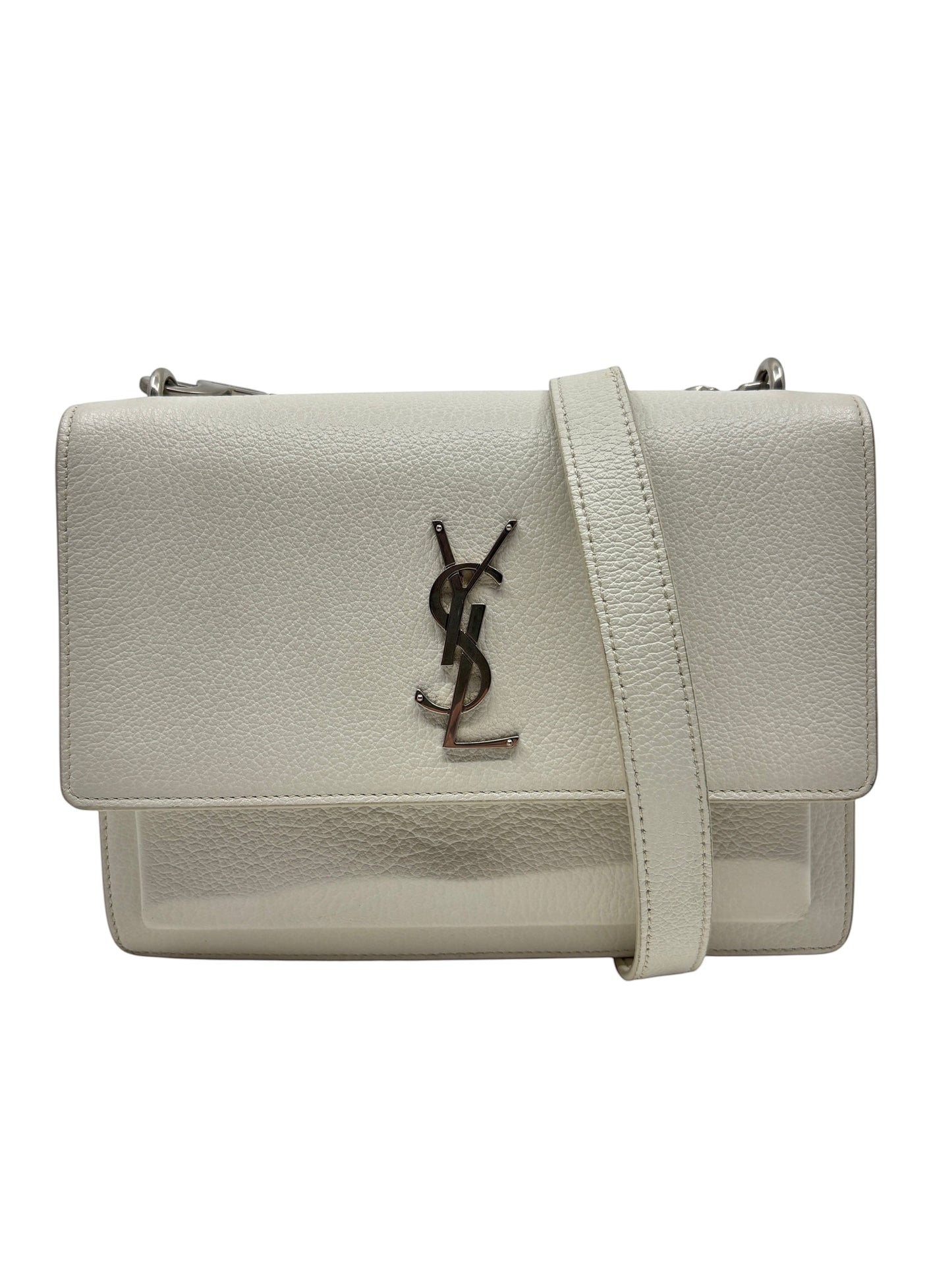 Posh Purse Co. white leather Saint Laurent Sunset medium crossbody bag with silver YSL logo hardware.
