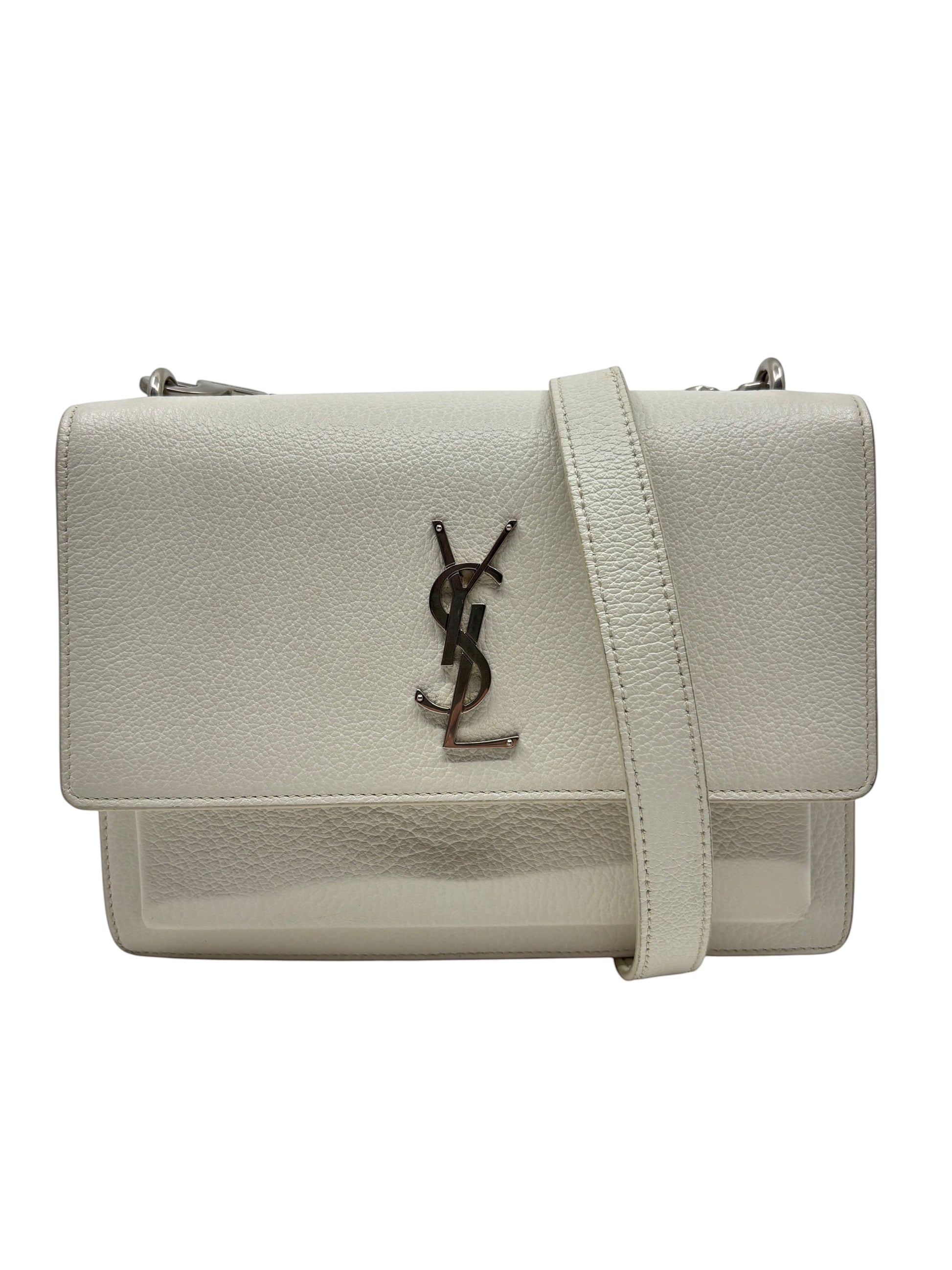 Posh Purse Co. white leather Saint Laurent Sunset medium crossbody bag with silver YSL logo hardware.