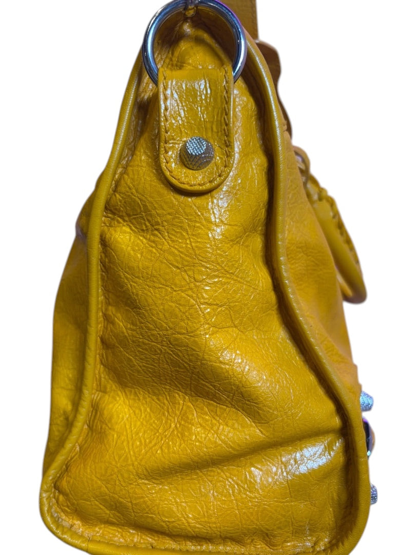 Posh Purse Co. yellow Balenciaga Agneau City Bag with silver hardware and textured lambskin leather.
