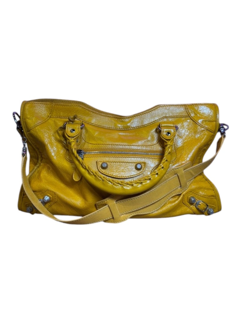 Posh Purse Co. yellow Balenciaga Agneau City Bag made of soft lambskin leather with signature hardware and detachable strap.