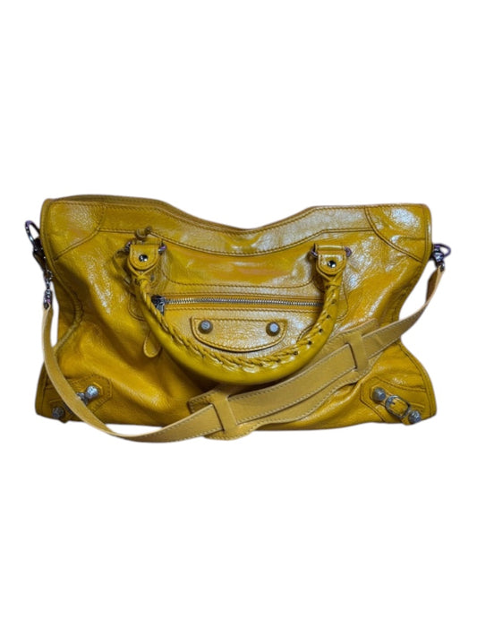 Posh Purse Co. yellow Balenciaga Agneau City Bag made of soft lambskin leather with signature hardware and detachable strap.