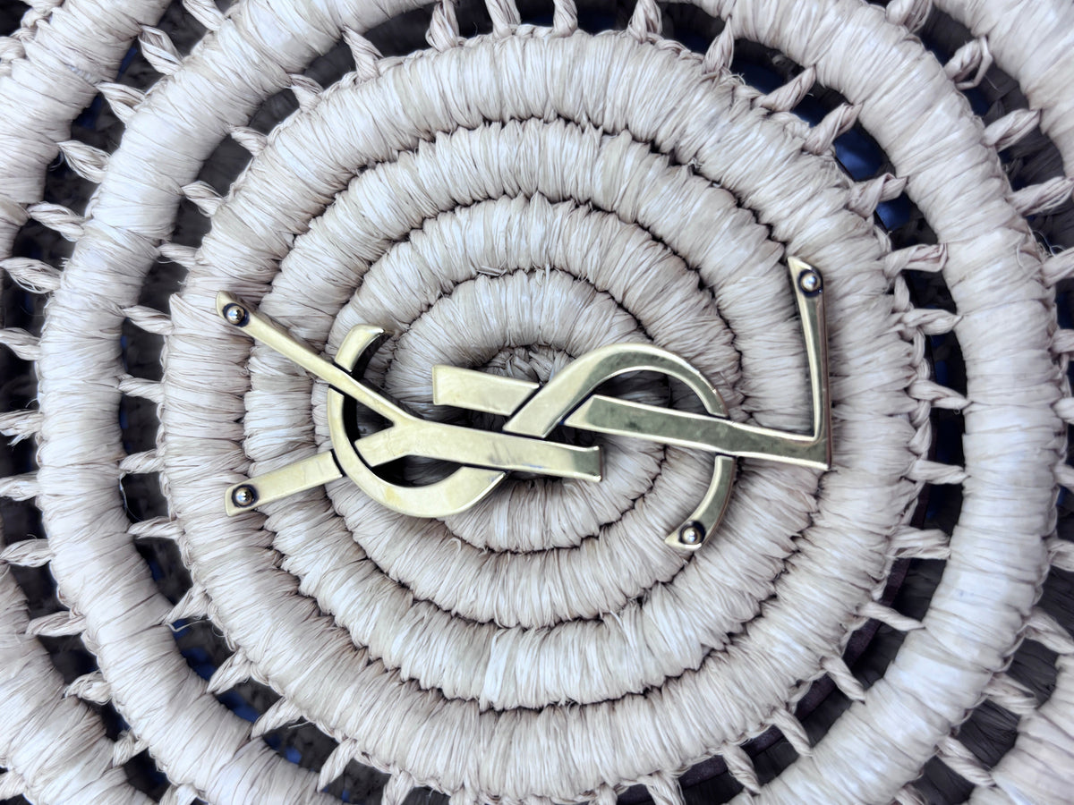 Posh Purse Co YSL Sac Rond bag featuring a round woven raffia design with signature gold-tone Saint Laurent hardware