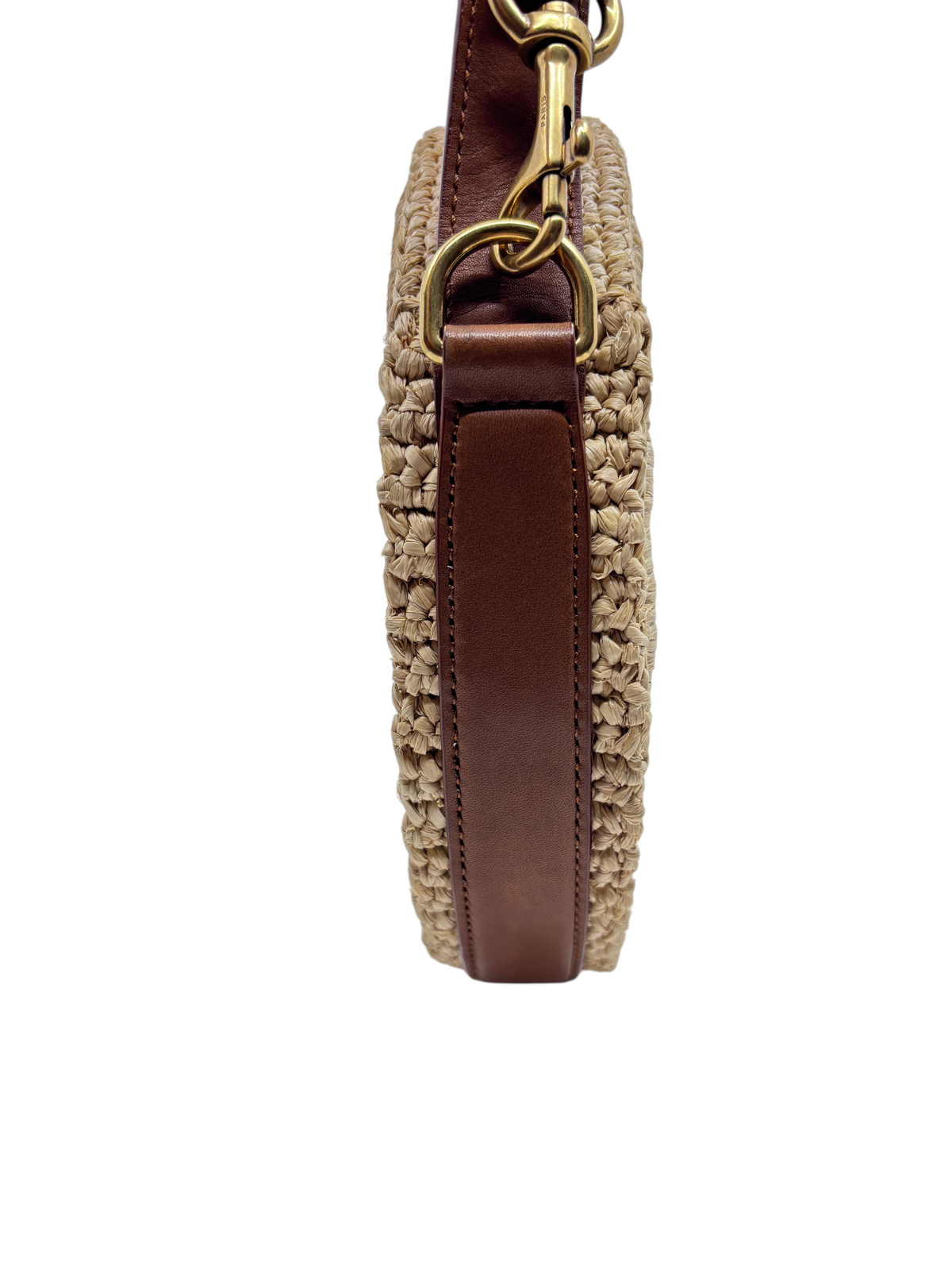 Posh Purse Co YSL Sac Rond crossbody bag side view featuring woven natural raffia and brown leather trim
