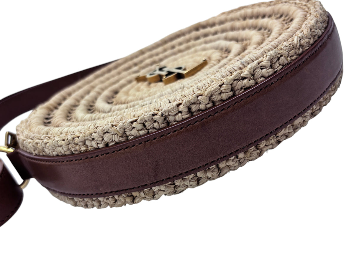 Posh Purse Co preloved YSL Sac Rond crossbody bag in natural woven raffia with brown leather trim and gold logo
