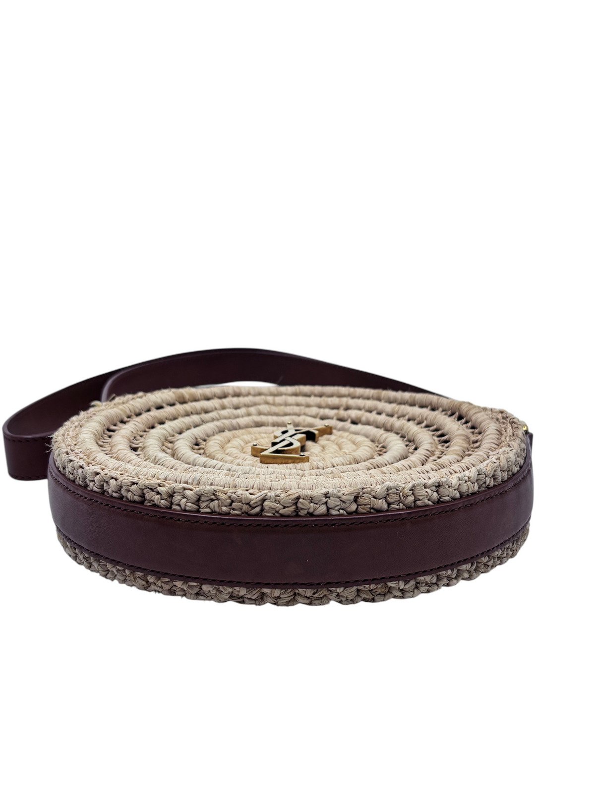 Posh Purse Co YSL round raffia crossbody bag with brown leather trim and signature gold hardware
