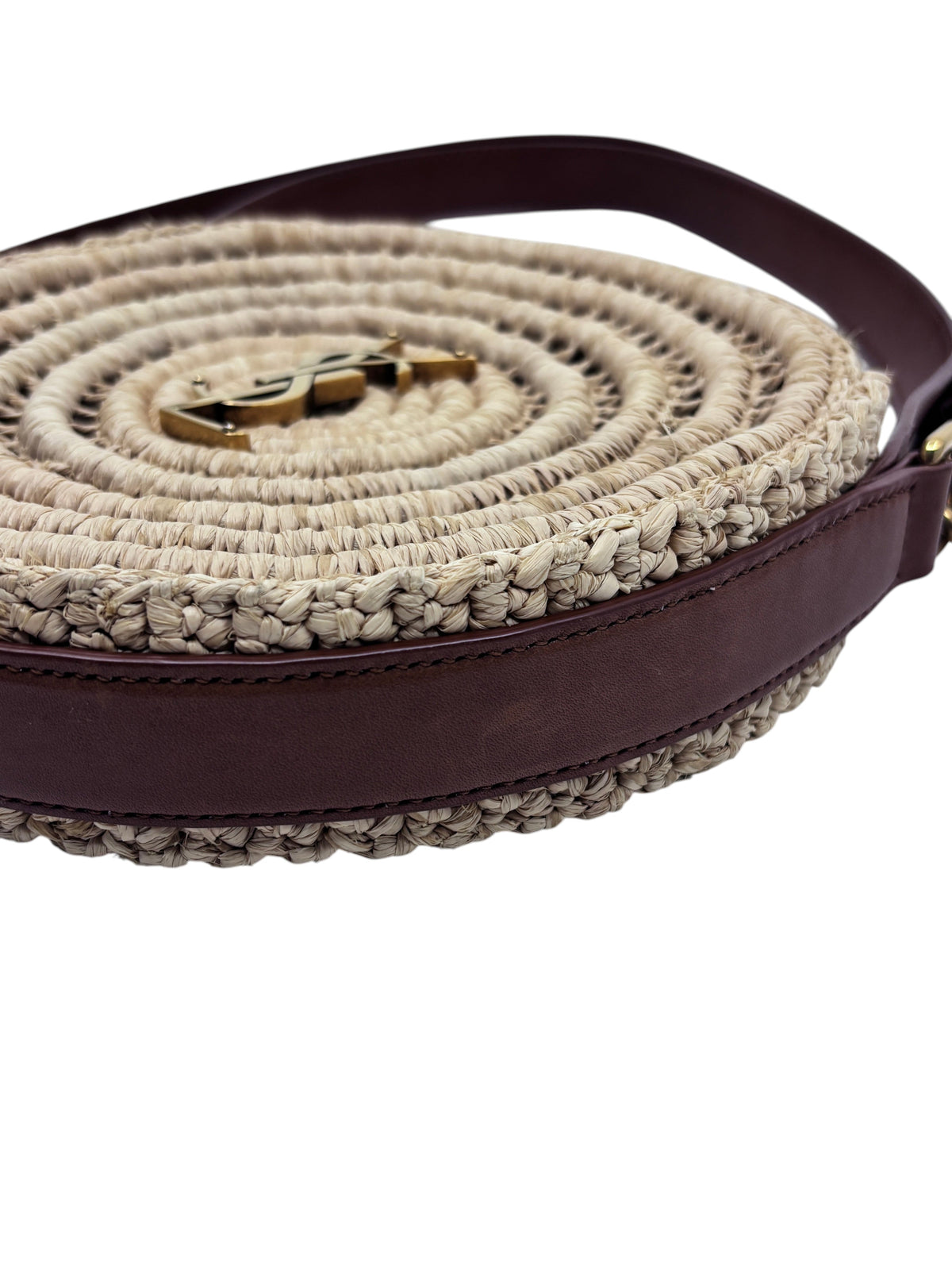 Posh Purse Co preloved YSL round raffia crossbody bag with brown leather trim and gold hardware