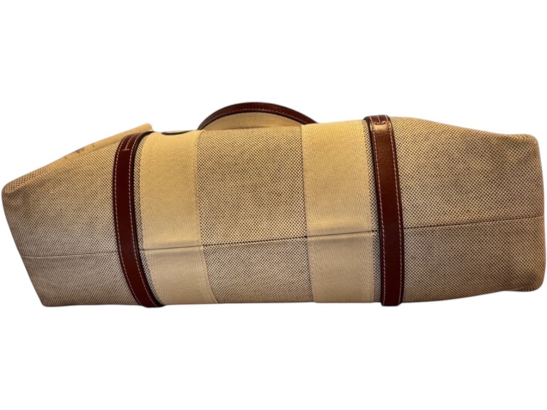 Posh Purse Co beige canvas Chloé Woody tote with brown leather trim and logo straps.
