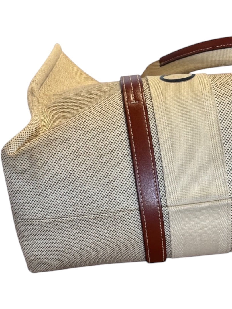 Posh Purse Co beige canvas Chloé Woody Large tote with brown leather trim and logo straps.