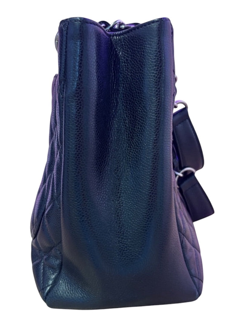 Posh Purse Co black caviar leather Chanel Grand Shopping Tote with diamond quilting and silver-tone hardware.