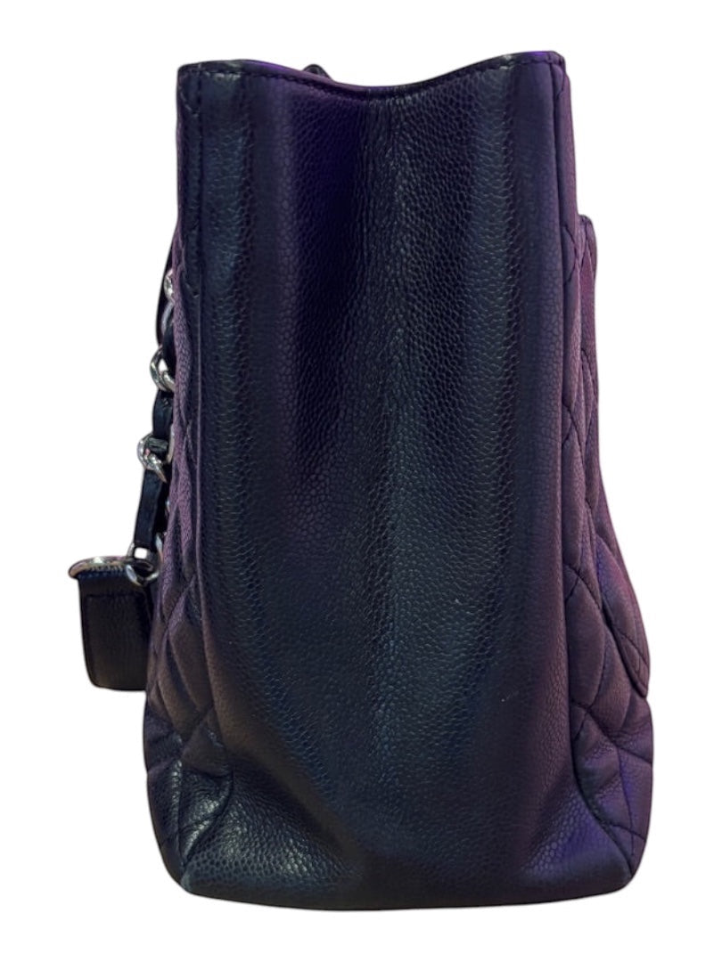 Posh Purse Co black caviar leather Chanel Grand Shopping Tote with silver-tone hardware and diamond quilting.
