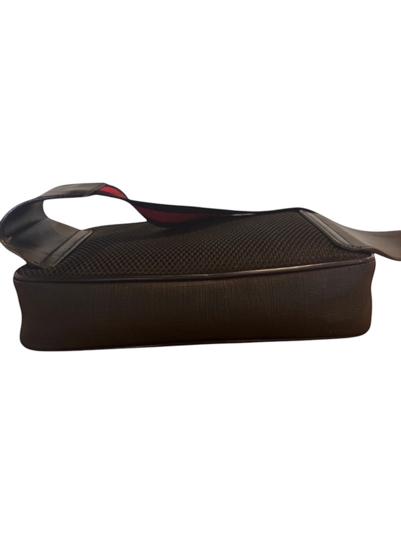 Posh Purse Co black GG Supreme coated canvas belt bag with red lining and leather trim.