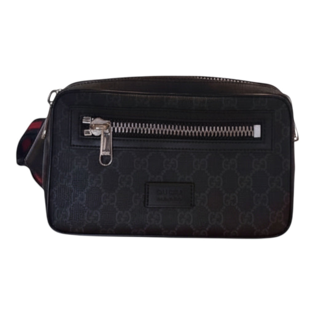 Posh Purse Co black GG Supreme monogram belt bag with red and green web stripe detail and silver hardware.