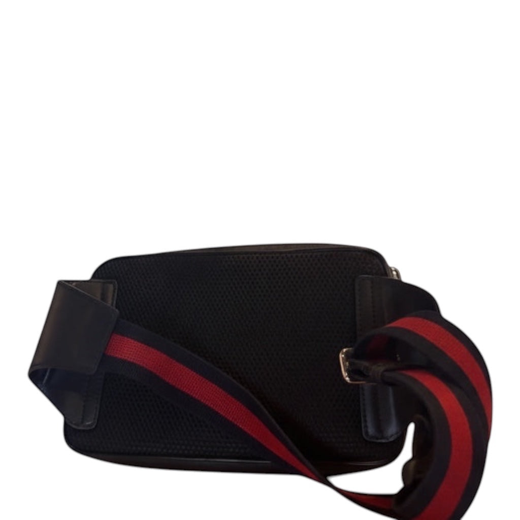 Posh Purse Co black Gucci GG Supreme Monogram Web belt bag with red and blue stripe strap.