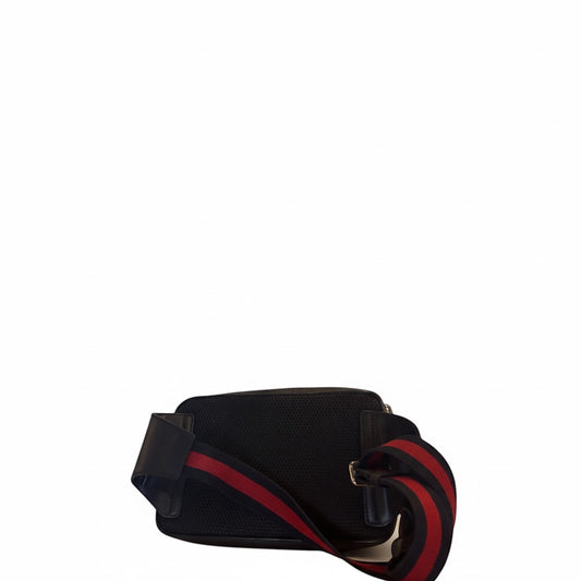 Posh Purse Co black Gucci GG Supreme belt bag with red and blue web stripe strap.