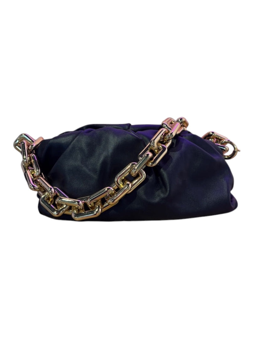Posh Purse Co black leather Bottega Veneta Chain Pouch with a chunky gold chain strap.
