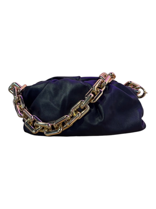 Posh Purse Co black leather Bottega Veneta Chain Pouch with a chunky gold chain strap.