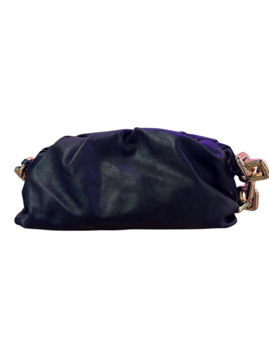 Posh Purse Co black leather Bottega Veneta Chain Pouch with gathered design and chunky gold chain strap.