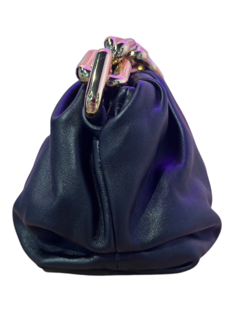 Posh Purse Co black leather Bottega Veneta Chain Pouch with gathered design and chunky gold chain strap.
