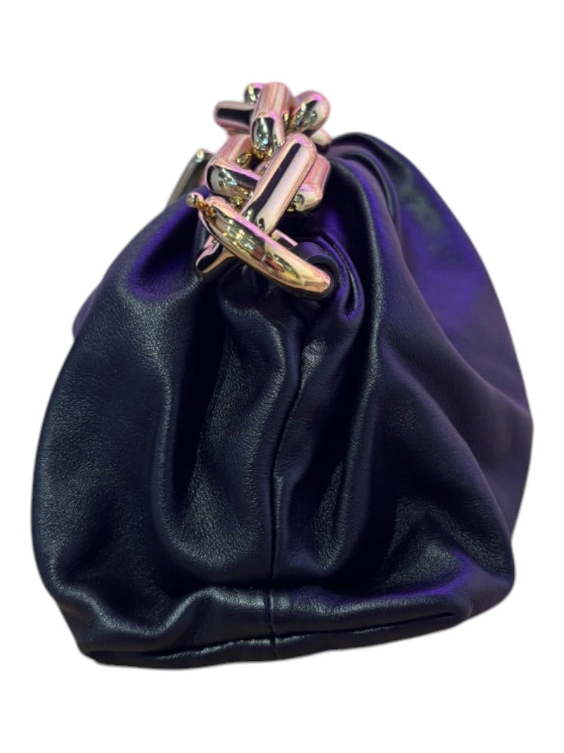 Posh Purse Co black leather Bottega Veneta Chain Pouch with gold hardware and gathered design.